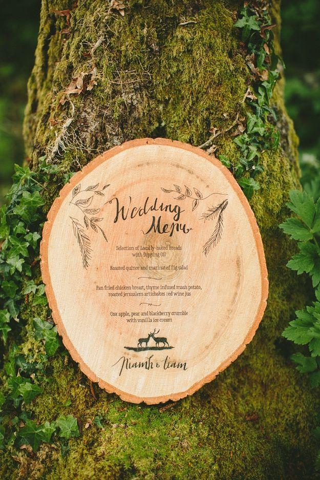Wedding - Menu On A Piece Of Wood, So Chic. Wedding Journal Magazine, Paula O'Hara Photography