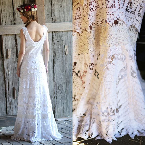 Wedding - Vintage Art Deco Cotton Battenburg Antique Crochet Lace Maxi Dress M