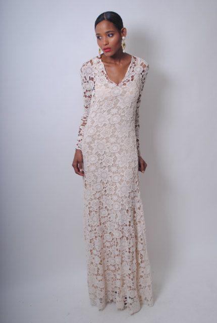 Wedding - Vintage-Inspired Ivory Lace Crochet Sheer Simple WEDDING Maxi Dress Gown Floor Length BOHO