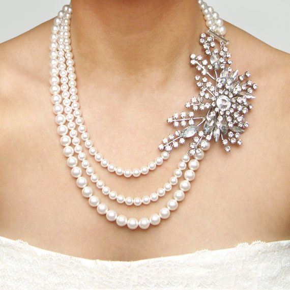 Wedding - Statement Bridal Necklace, Rhinestone & Pearl Wedding Necklace, Vintage Bridal Jewelry, Art Deco Wedding Jewelry, STARGAZER