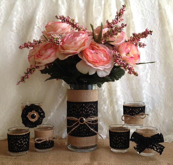 Wedding - burlap and black lace covered vase and tea candles