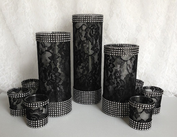 زفاف - black lace covered glass vases and votive candles with rhinestone
