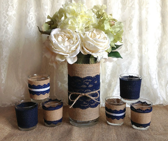 Wedding - navy blue rustic burlap and lace covered vase and 6 tea candles