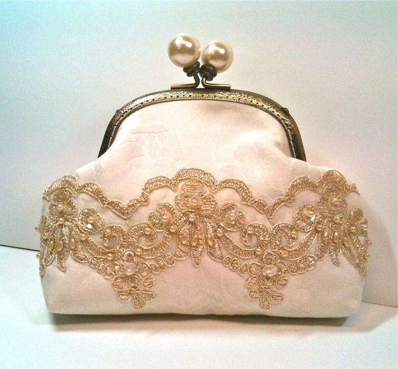 Wedding - Bridal Clutch Off White With Gold Trim Pearls And Sequins