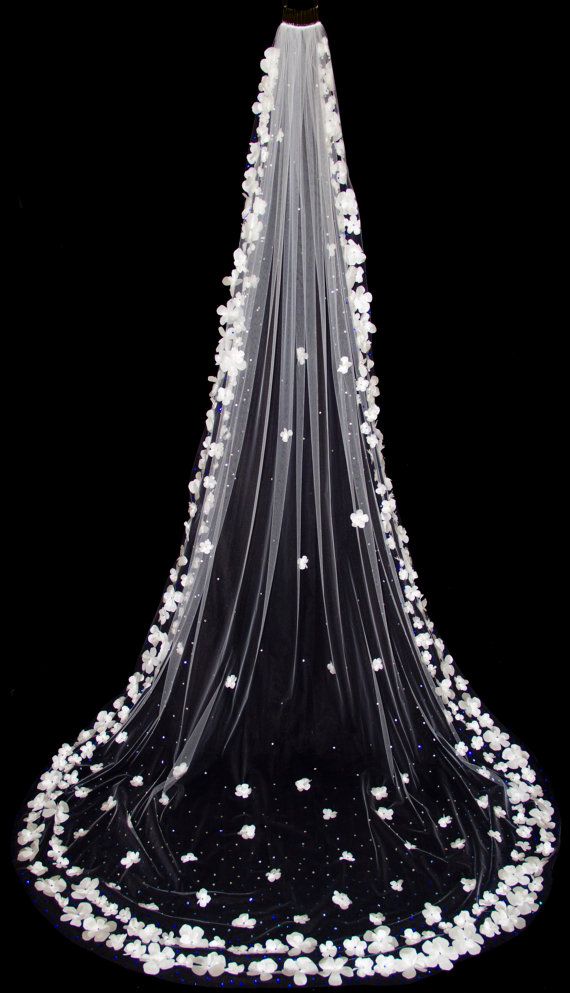 زفاف - الحجاب الزفاف مع الحرير الأورجانزا الزهور، متفرقة كاتدرائية كريستال الطول (110 بوصة) الحجاب الزفاف، وأبيض أو عاجي الحجاب، ستايل 
