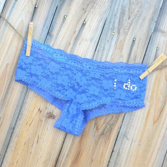Wedding - BRIDAL Bling Underwear Something Dusty BLUE Cheeky - Lacey Blue With The Words I DO In Rhinestones Size Large - Ships In 24hrs