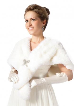 Mariage - Amanda classic pure white faux rabbit fur with sliver brooch long shawl