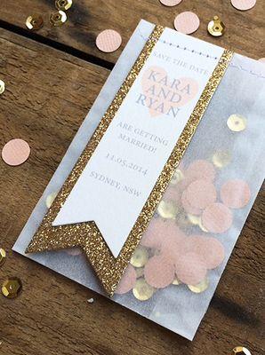 Hochzeit - Peach & Gold Save The Date Confetti Taschen