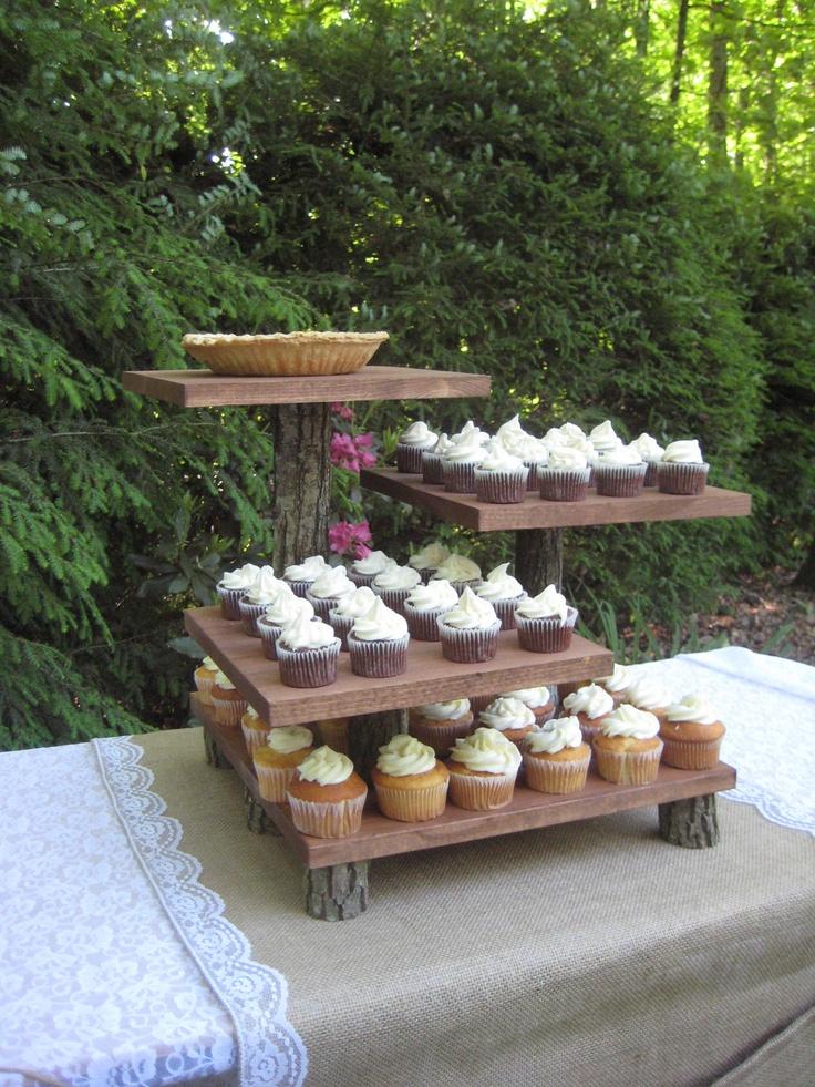 Mariage - Gâteau de mariage rustique Mini Cupcake stand Dessert Server Log Slice naturel 4 Niveau