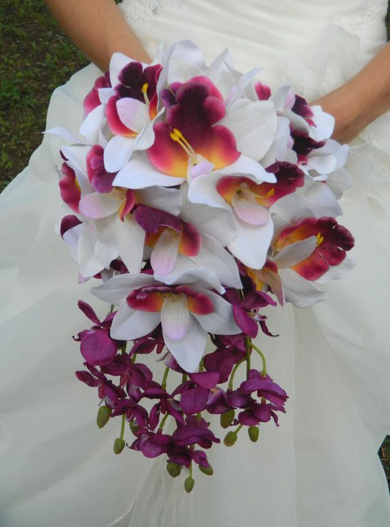 Wedding - Orchid Bouquet, Cascade, SALE, Purple Plum, Lavender, White, Yellow Green, Peach, Cymbidium Orchid, Bride, Bridal, Waterfall