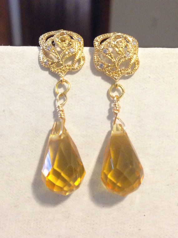 Wedding - Belle Luxe Earrings- Gold Rose Earrings With Golden Yellow Faceted Teardrop Crystal.