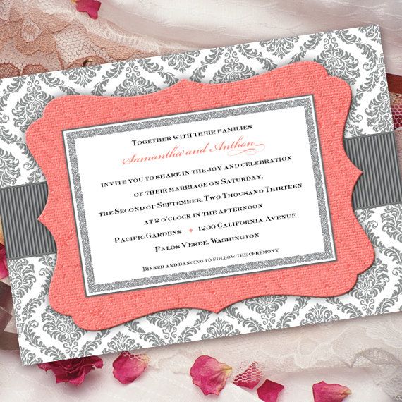Wedding - Wedding Invitation, Gray And Coral Invitation, Coral And Silver Damask Invitation, IN206