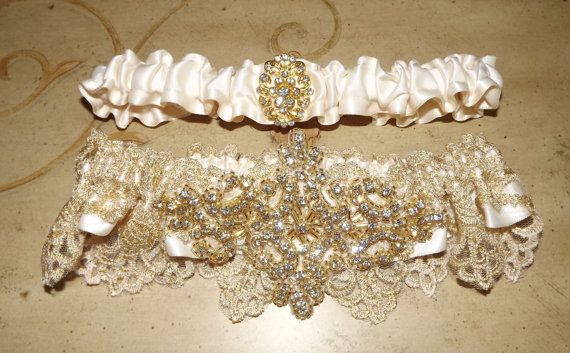 Wedding - Gold Crystal Wedding Garter Set, Golden Goddess Haute Couture OOAK