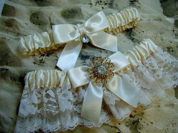 Wedding - Ivory Satin Rhinestone Gold Brooch Wedding Garter Bridal Set