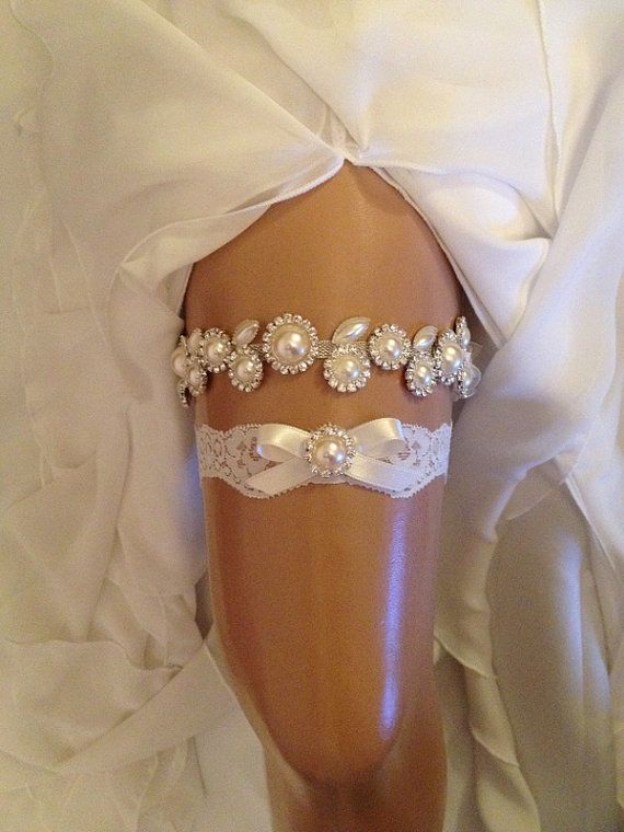 Wedding - Wedding Garter Set, Ivory Bridal Garter Set, Ivory Organza/satin Ribbon, Pearl/rhinestone, Ivory Lace