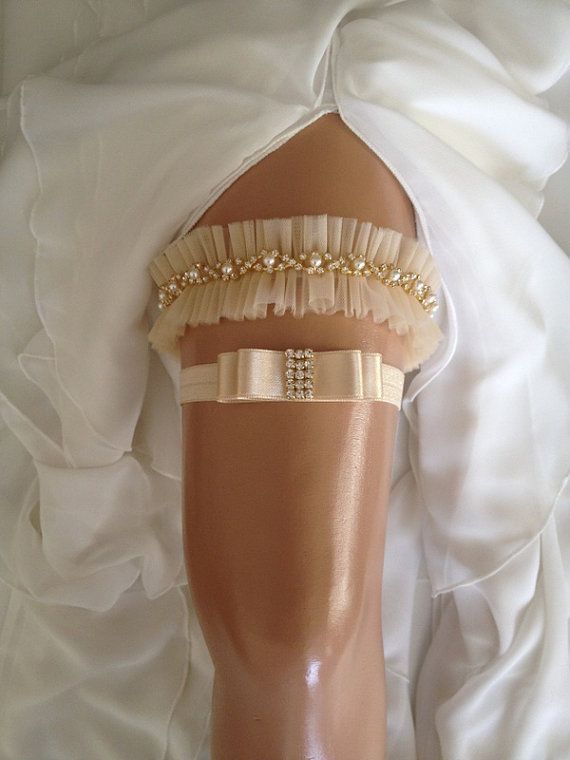 Wedding - Wedding Garter Set, Champagne Bridal Garter Set, Pearl/rhinestone Trim, Gold