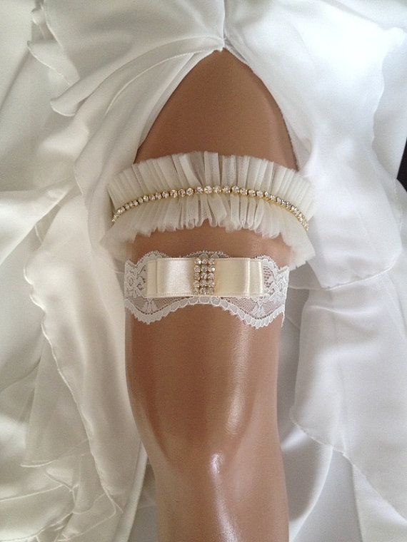 Wedding - Wedding Garter Set, Ivory Bridal Garter Set, Ivory Tulle, Lace And Bow, Rhinestone/gold