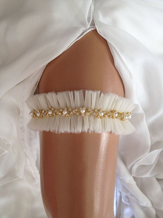 Wedding - Wedding Garter , Ivory Bridal Garter, Pearl/rhinestone Trim, Gold