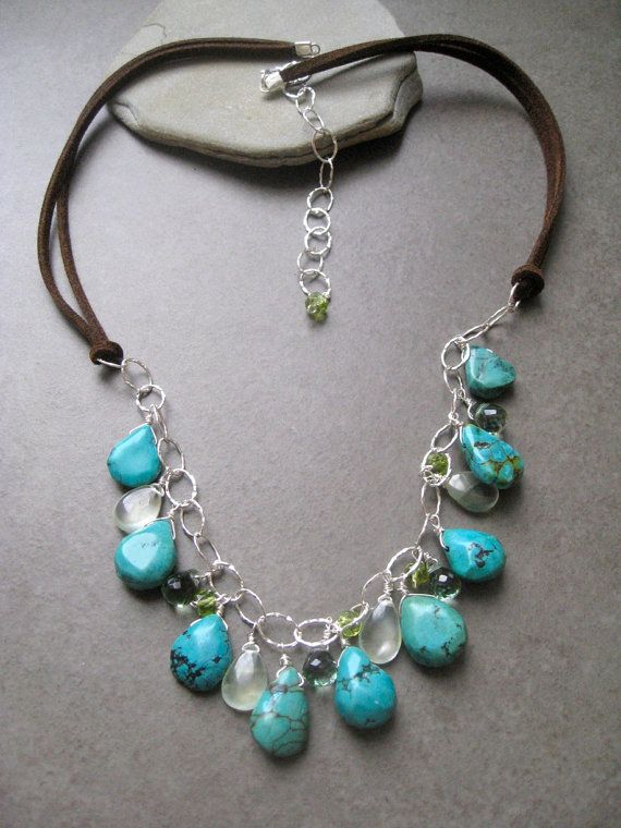 Wedding - Turquoise Necklace, Blue Green Necklace,, Leather Necklace, Bohemian Long Necklace