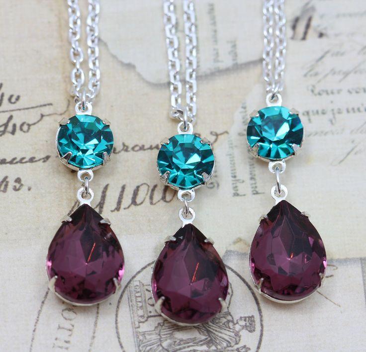Wedding - Peacock Wedding Jewelry Necklace Bridesmaids Matching - Teal & Purple Amethyst Vintage Glass Silver 16" Chain