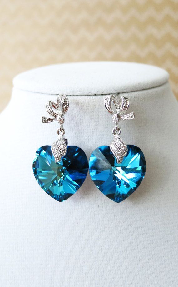 Mariage - Zana - Boucles d'oreilles Bleu Bermudes Swarovski Crystal Heart - Something Blue de mariage, cadeaux pour elle, Brides mariée de