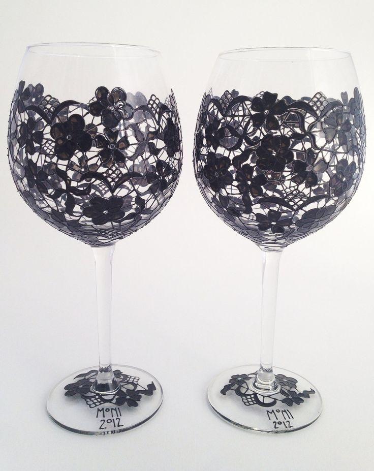 Wedding - Pair Of Black Lace Wine Goblets