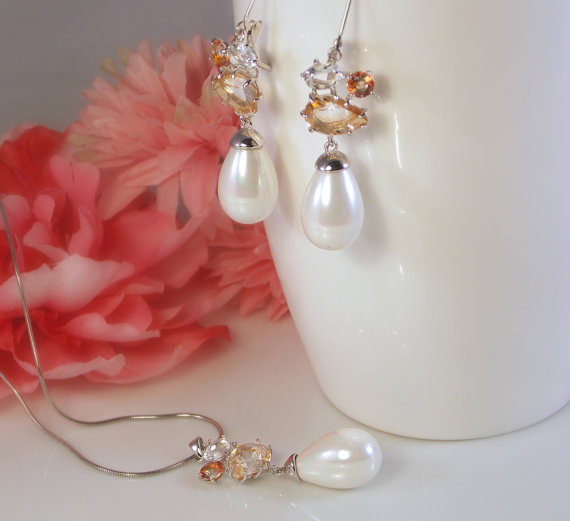 Hochzeit - Wedding bridal jewelry set necklace earrings with Pearl Sterling Silver earrings with Precious Stones