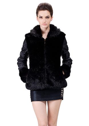 Mariage - Faux black sheepskin with beaver fur collar and lining short suede coat