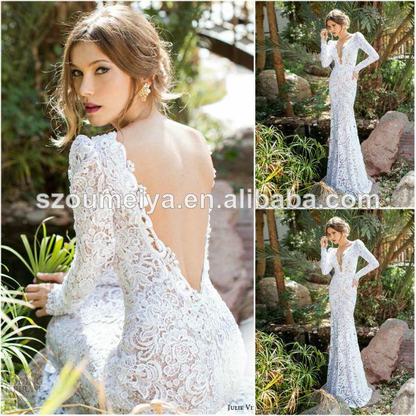 Wedding - Alibaba.com - Wholesale OUMEIYA ONW678 Bare Low V Back White Lace Champagne Chiffon Long Sleeve Wedding Dress Mermaid