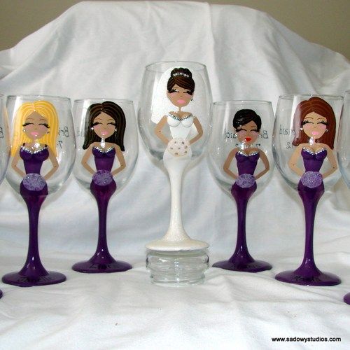 Wedding - Reserved For Cyndy Set Of 7 Custom Painted Bridesmaid Wine Glasses