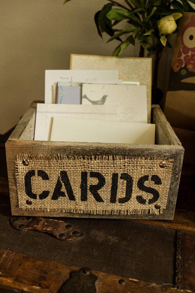 Wedding - Burlap And Reclaimed Wood CARDS Box For Rustic Country Wedding Hand Painted And Stenciled