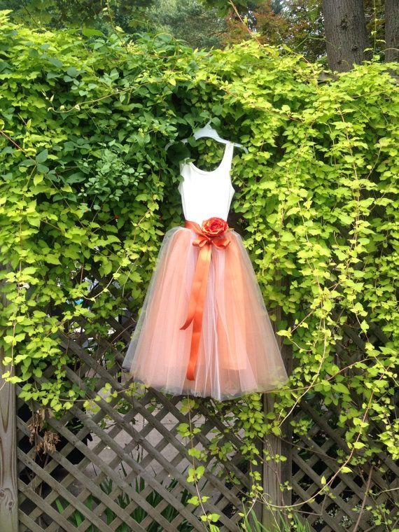 Wedding - Peach And Burnt Orange Junior Bridesmaid Flower Girl Tulle Tutu Gown With Sash