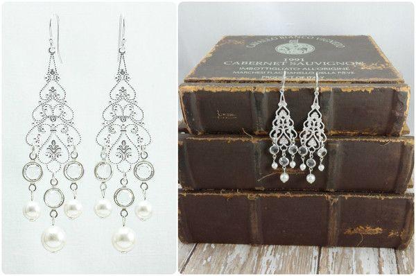Wedding - Swarovski Crystal Earrings, Long Pearl Earrings, Chandelier Earrings