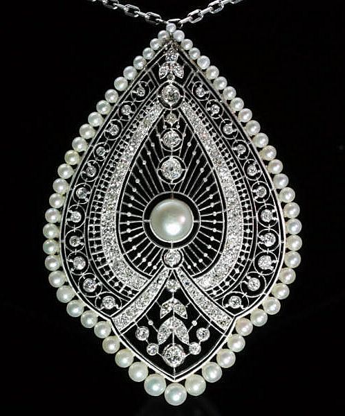 Wedding - Antique Pearls Diamonds Pendant Necklace Ref.10278-0001
