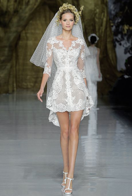 Wedding - Pronovias - Spring 2014 - Yecelis Short Lace A-Line Wedding Dress With V-Neck And 3/4 Sleeves