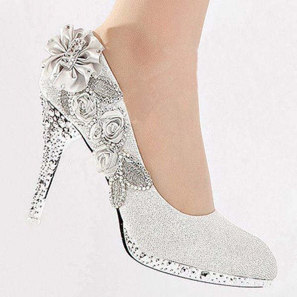 Wedding - Silver Vogue Lace Flowers Glitter Crystal High Heels Wedding Bridal Shoes