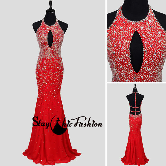 Wedding - Sexy Red Long Keyhole Beaded Halter Straped Open Back Mermaid Dress