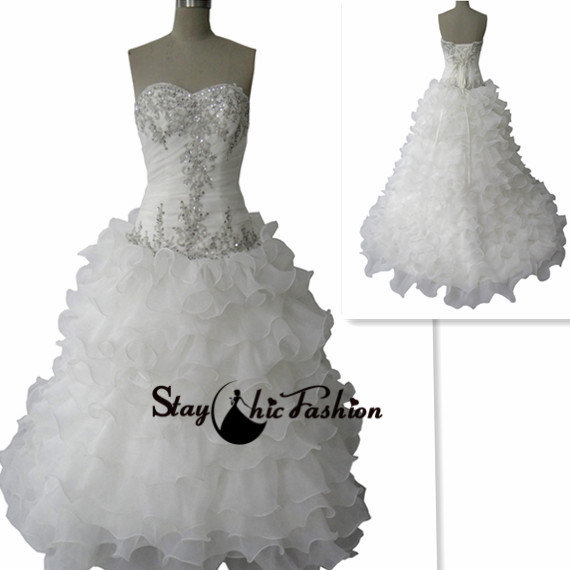 Wedding - White Ruched Sequin Embellished Strapless Ruffled Wedding Dress 2014