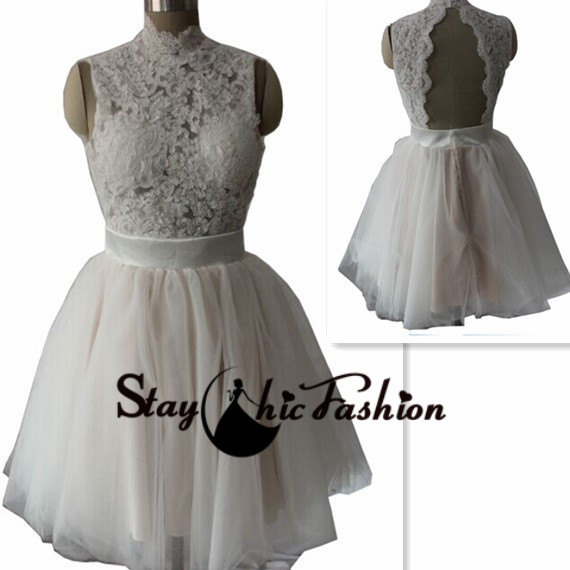 Wedding - White Floral Beaded Lace Top High Neck Open Back Short Prom Dress Sale