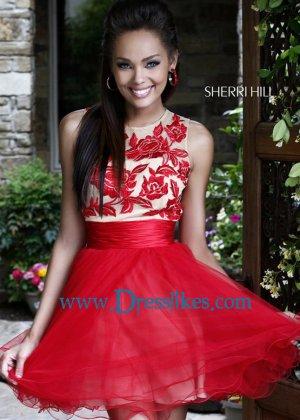 Hochzeit - Red Floral Embellished Nude Underlay Waist Ribbon Zipper Back Dress