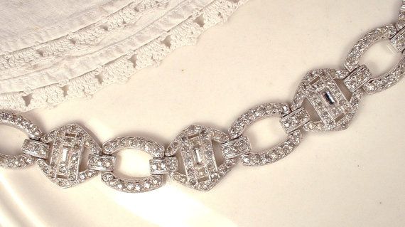 Wedding - Authentic Art Deco Clear Pave Rhinestone Wide Link Flapper Bridal Bracelet STUNNING True Vintage Gatsby 1920s 1930s Downton Abbey