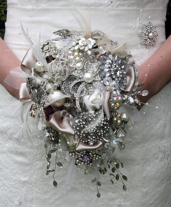 Wedding - Pearl & Co Large Teardrop Diamante And Pearl Bridal Brooch Bouquet - Iris