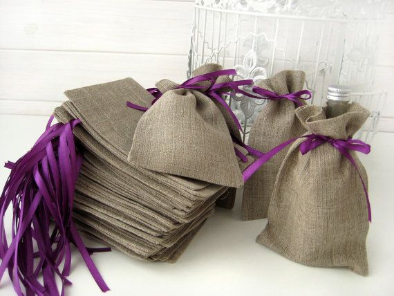 Wedding - SET OF 50 Natural Rustic Linen Eco Wedding Favors Bag With Purple Ribbon- 4x6"