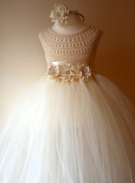Wedding - Ivory Flower Girl Dress, Ivory Tutu Dress, Bridesmaid Dress, Princess Dress, Ivory Crochet Top Tulle Dress, Ivory Hand Knit Tutu Dress