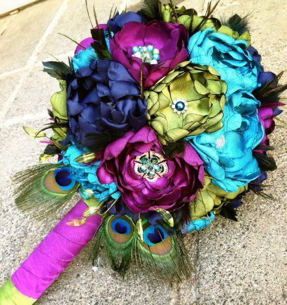 Wedding - Handmade Beautiful Peacock Fabric Flower Wedding Bouquet - Brooch Bouquet - Custom Order