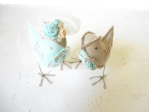 Mariage - Love Birds Mint Green Wedding Cake Topper Bride And Groom Rustic Mr&Mrs Linen Fabric Figurines Ready To Ship