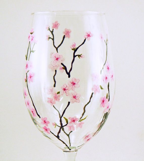 Mariage - Painted Stemware - Set Of 2 White Wine Glasses - Spring Blossoms, Light Pink