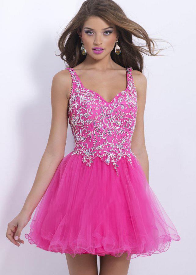 زفاف - Thick Straps Pink Jewels Crystals Ruffled Blush 9874 Short Dress