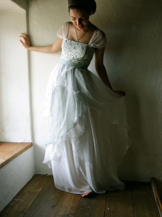 زفاف - Wedding Dress - Bridal Gown Ivory And Aqua Grey Silk Chiffon Floor Length Couture Handmade Gown Hippie Boho Beach Wedding
