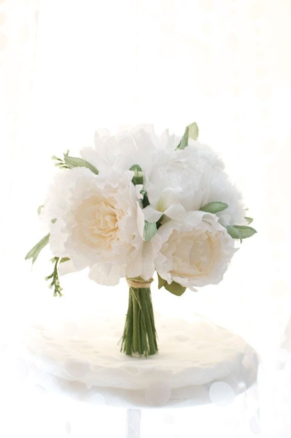 Hochzeit - Paper Flower Peony, White And Cream Handmade Peony, Peony Wedding Bouquet, Paper Flowers